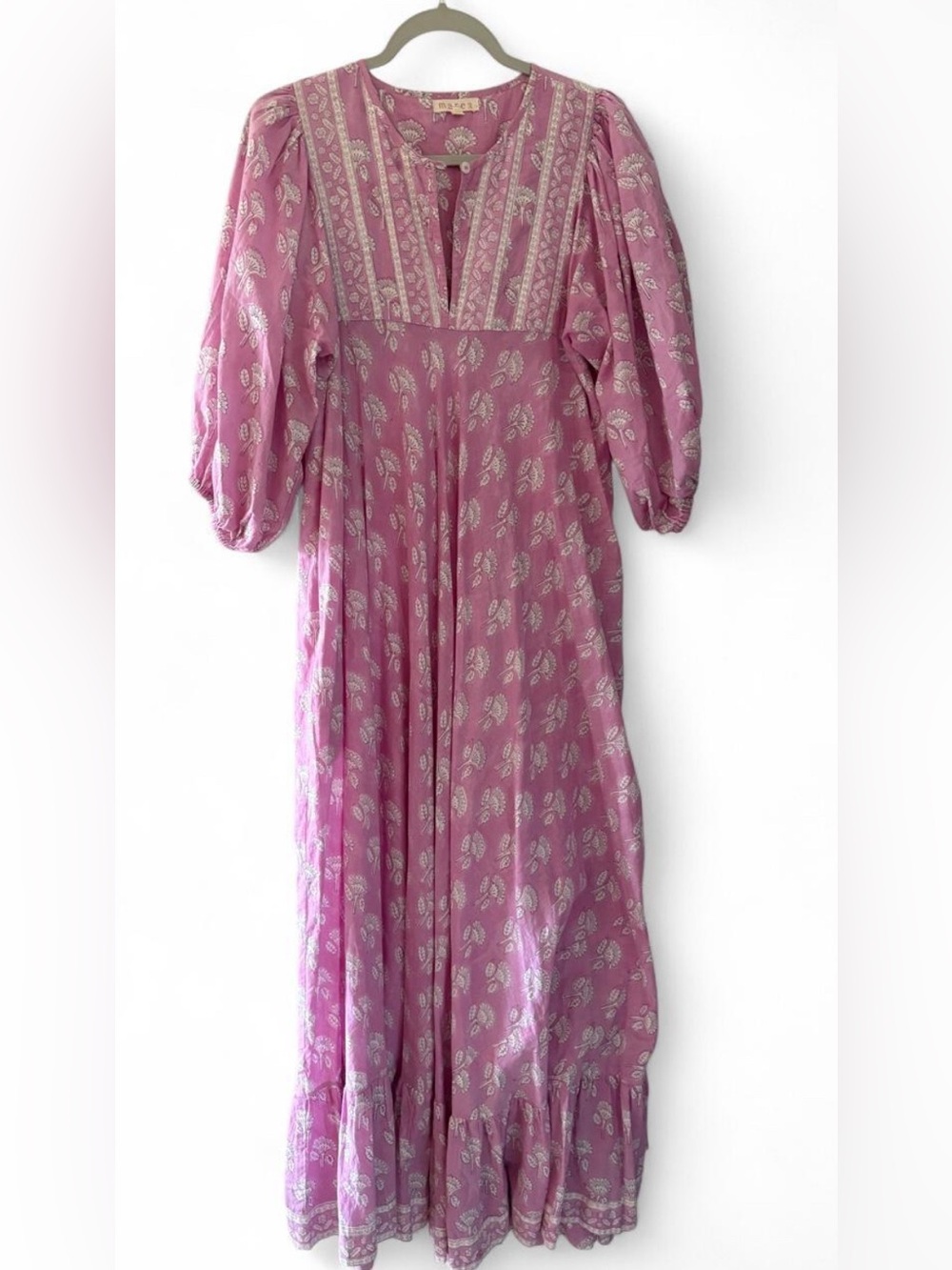 Boho Pink Maxi Dress with Delicate White Print